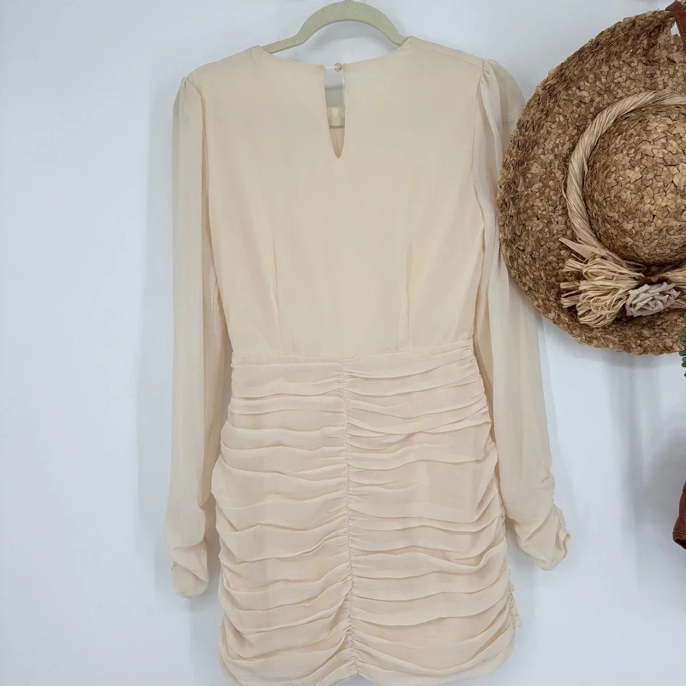 NWT S Vestique Listen to your heart chiffon Ruched Mini Dress Long Sleeve Ivory